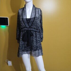 VTG 90s MSSP Long Sheer Sleeve SILK Black & White Belted Sheer Tunic S Coastal